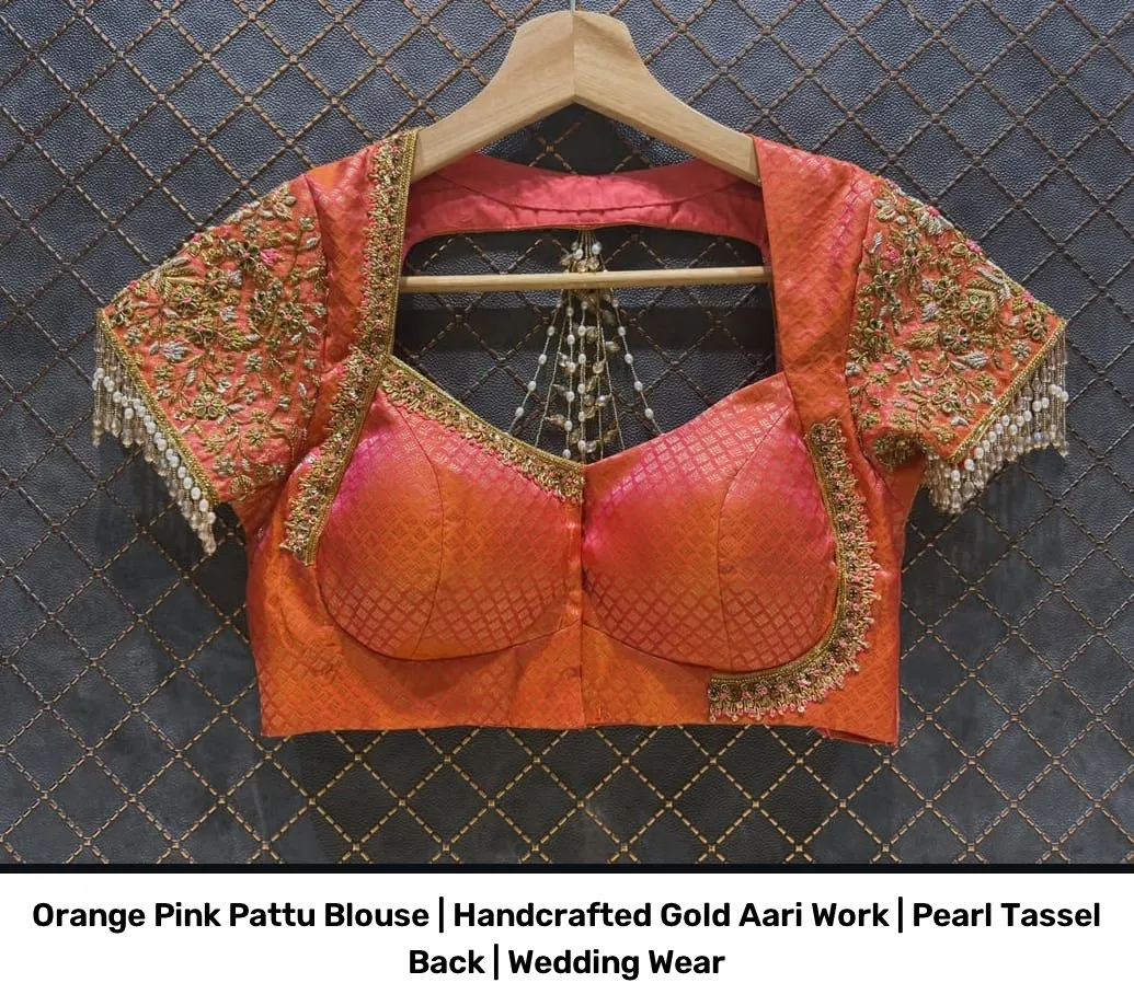 Orange Pink Pattu Blouse | Handcrafted Gold Aari Work | Pearl Tassel Back | Wedding Wear 2