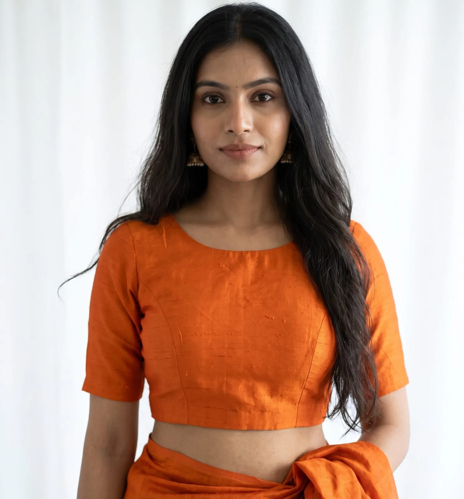 Orange Raw Silk Readymade Blouse Round Neck