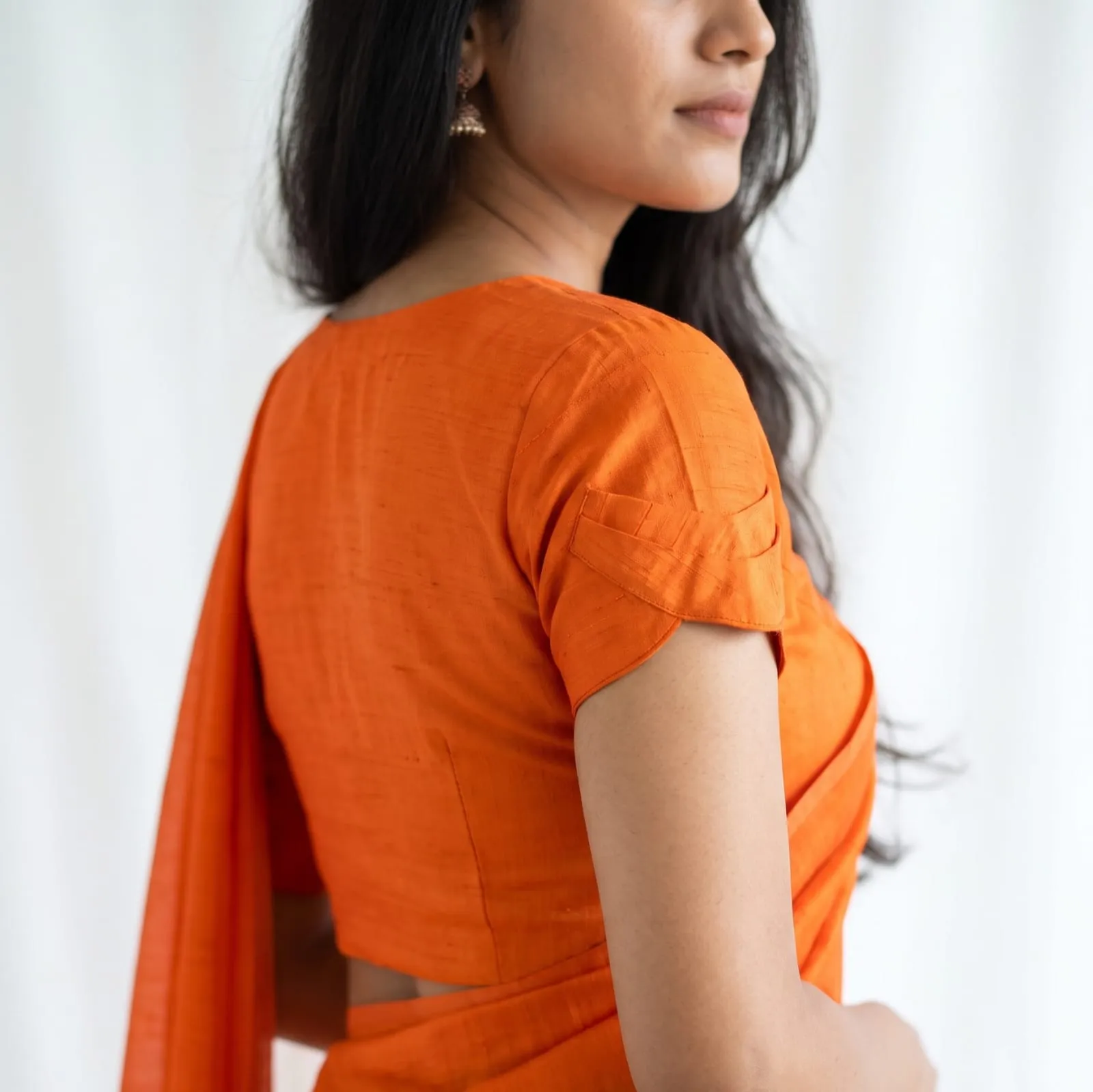 Orange Raw Silk Readymade Blouse Tulip Sleeve