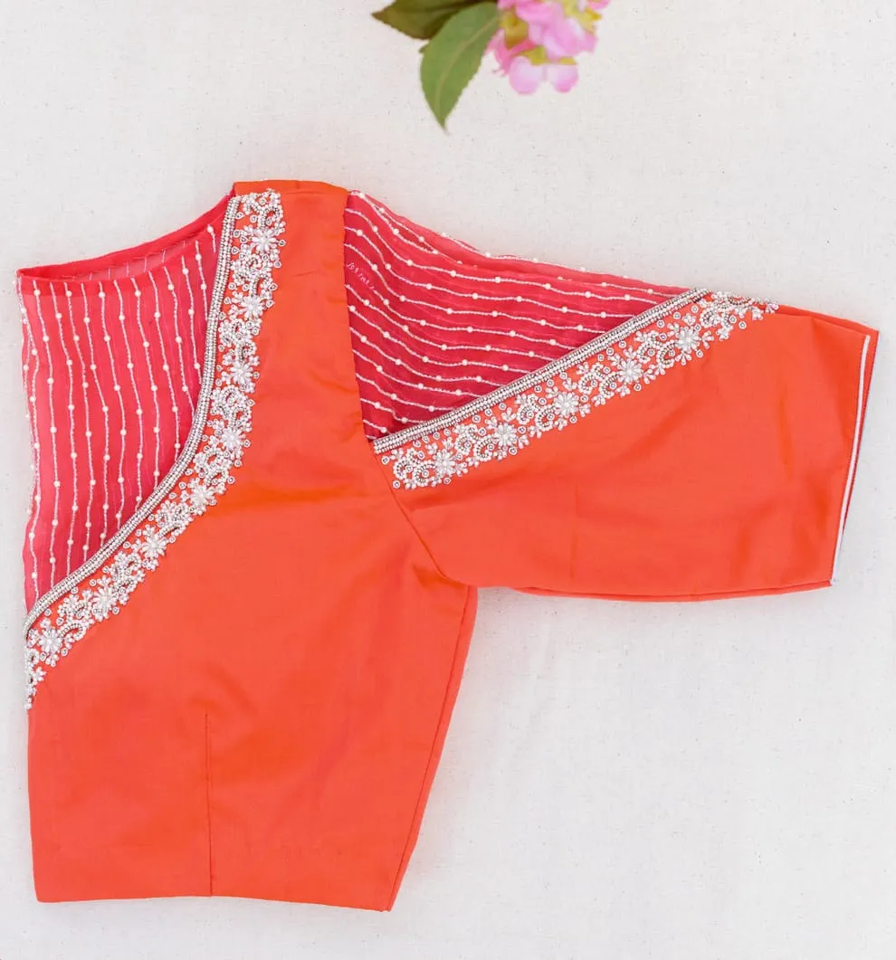 Orange Sheer Sleeve Maggam Work Blouse 1