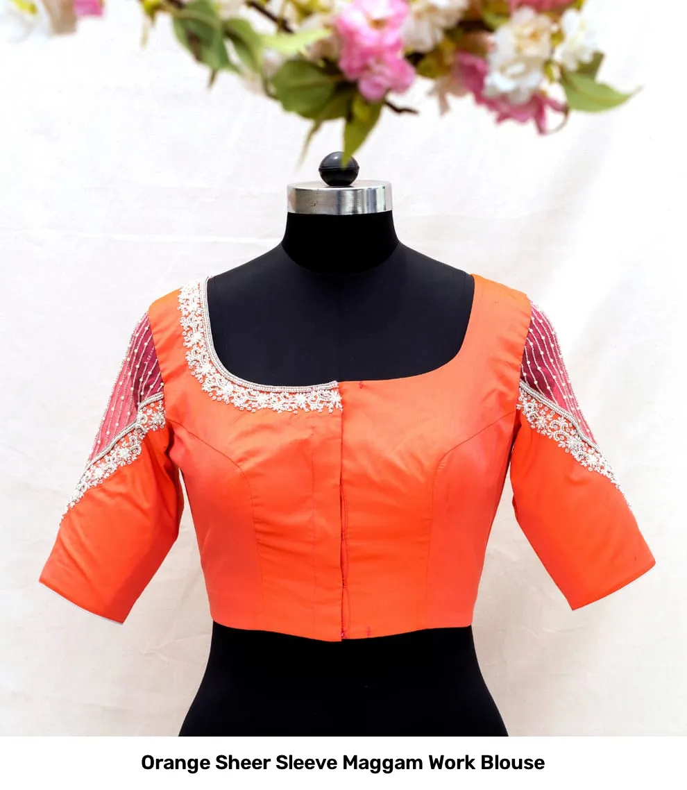 Orange Sheer Sleeve Maggam Work Blouse 2