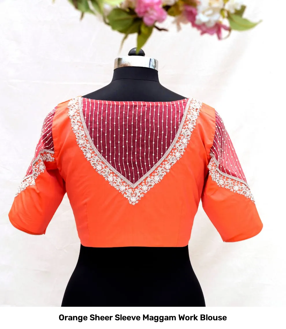 Orange Sheer Sleeve Maggam Work Blouse 3