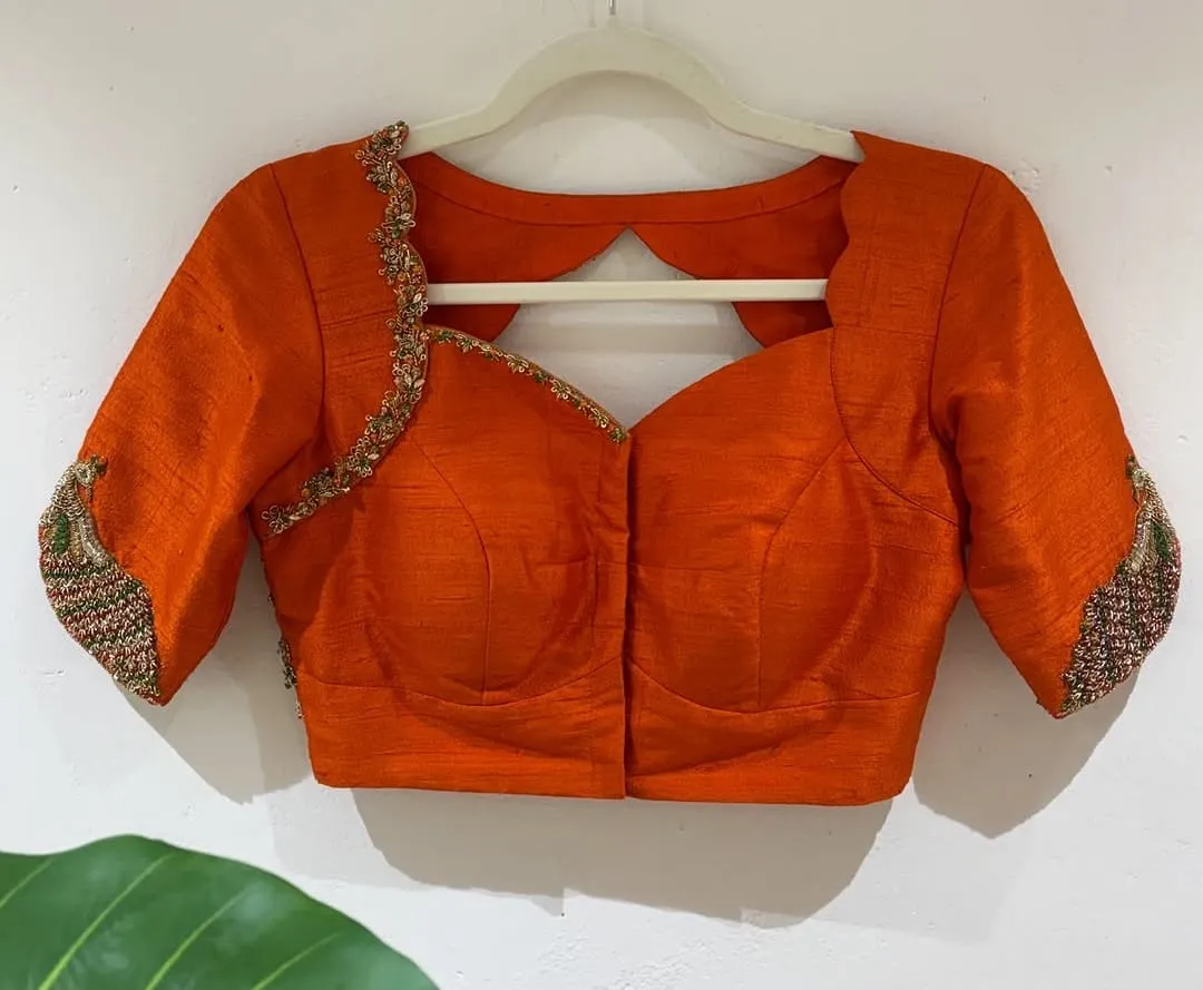 Orange Silk Blouse with Peacock Maggam Work
