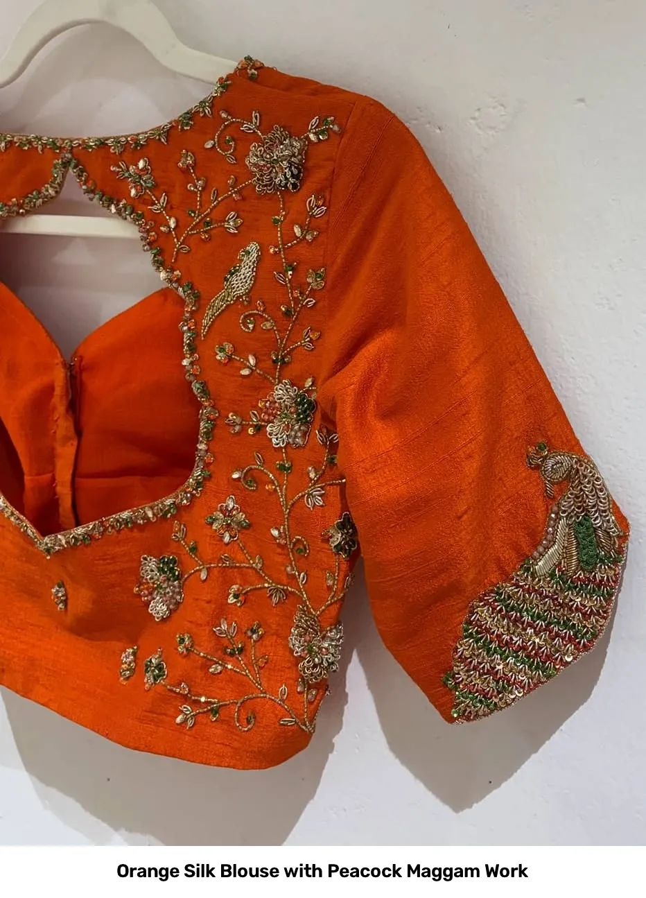 Orange Silk Blouse with Peacock Maggam Work 2