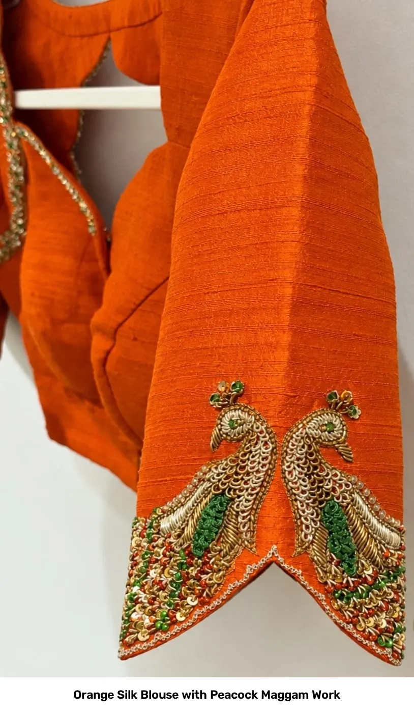 Orange Silk Blouse with Peacock Maggam Work 3