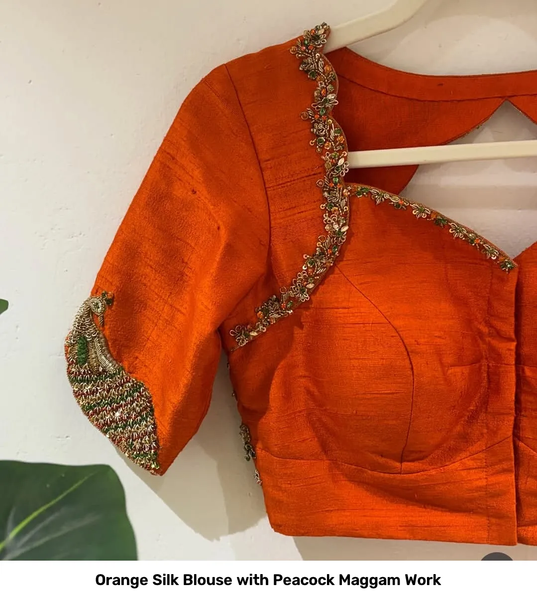 Orange Silk Blouse with Peacock Maggam Work 4