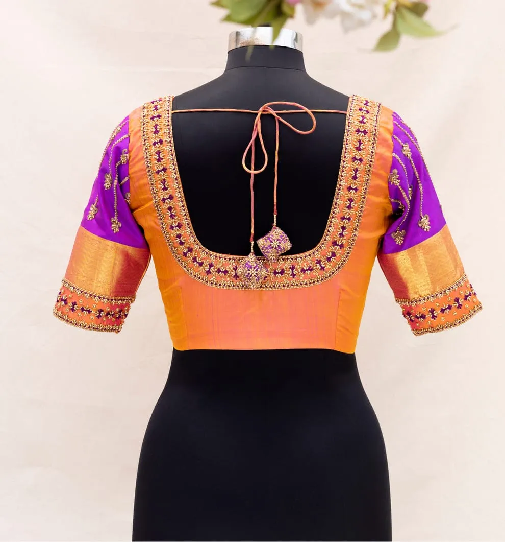 Orange Silk Deep U-Back Blouse with Purple Maggam Work