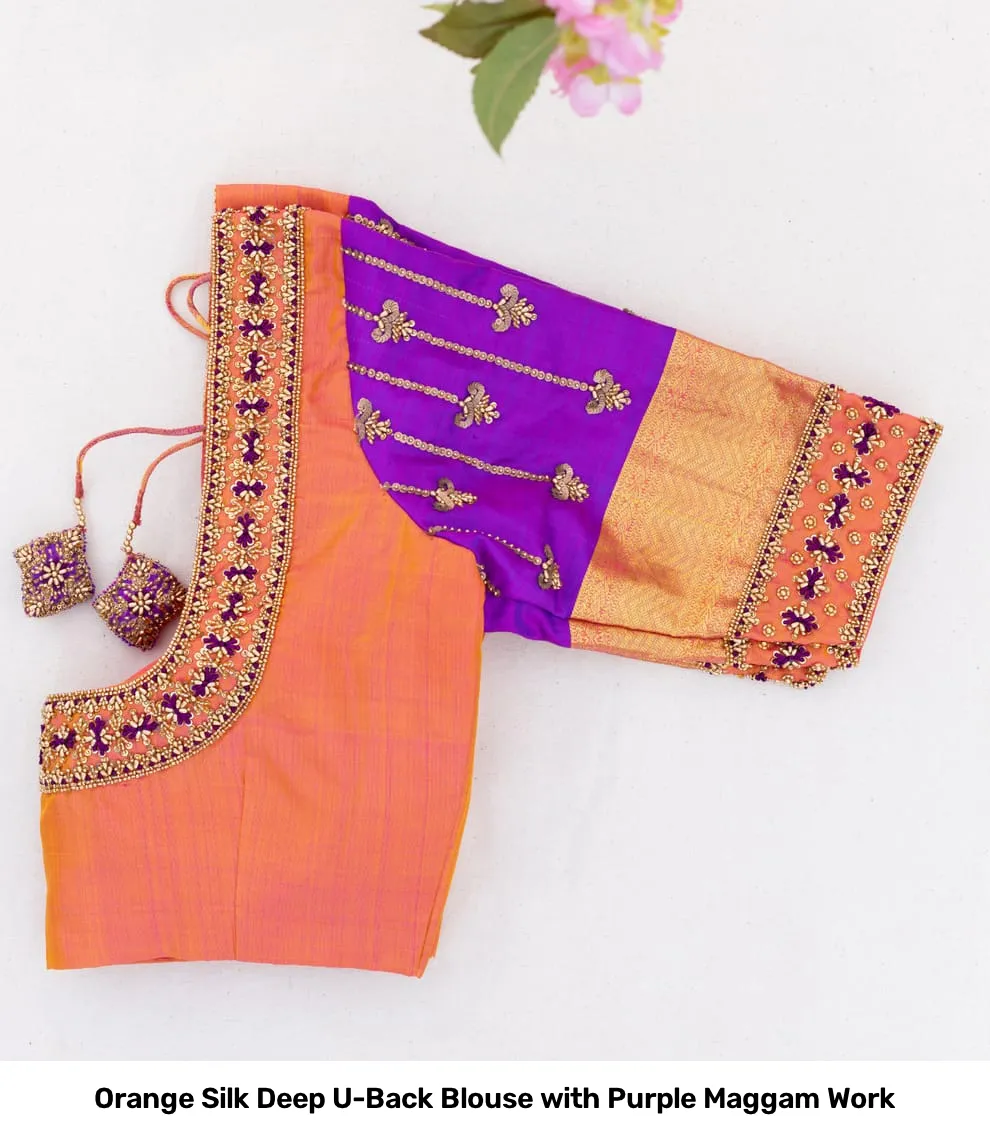 Orange Silk Deep U-Back Blouse with Purple Maggam Work 2