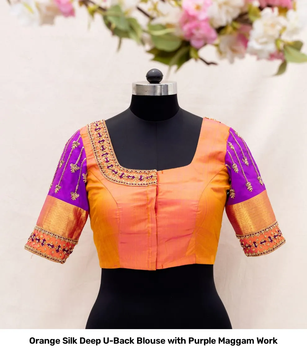 Orange Silk Deep U-Back Blouse with Purple Maggam Work 3