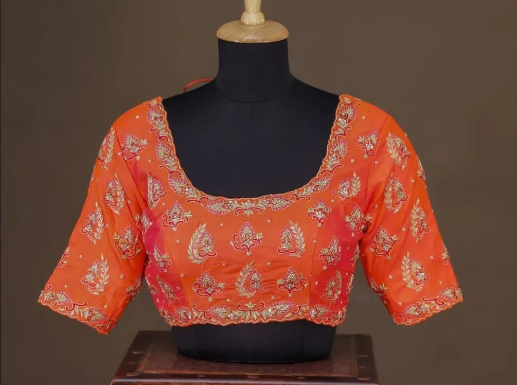 Orange Silk Maggam Blouse All-Over Mango Paisley & Dori