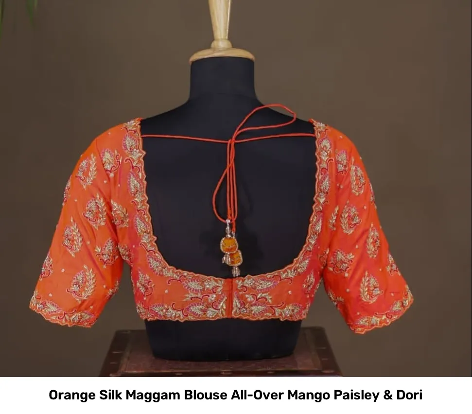 Orange Silk Maggam Blouse All-Over Mango Paisley & Dori 2