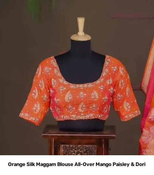 Orange Silk Maggam Blouse All-Over Mango Paisley & Dori 3