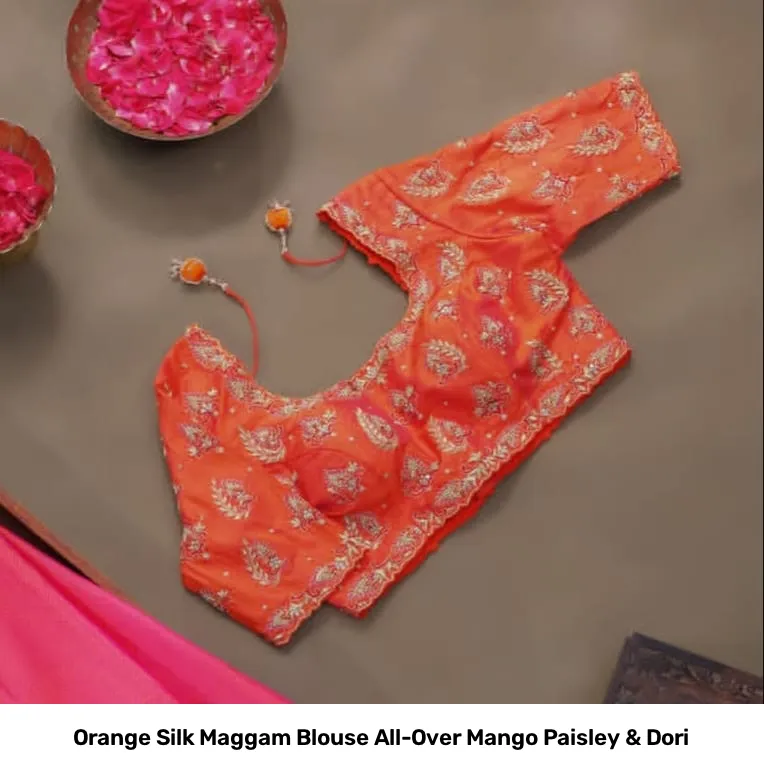 Orange Silk Maggam Blouse All-Over Mango Paisley & Dori 4
