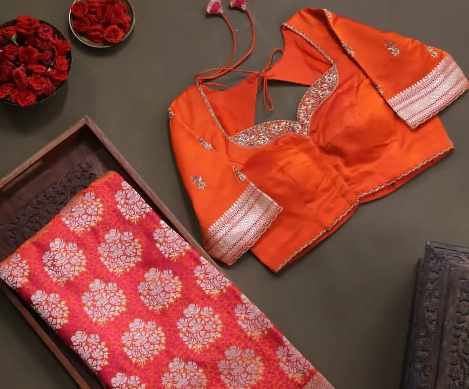 Orange Silk Maggam Blouse Keyhole Back with Zari Border