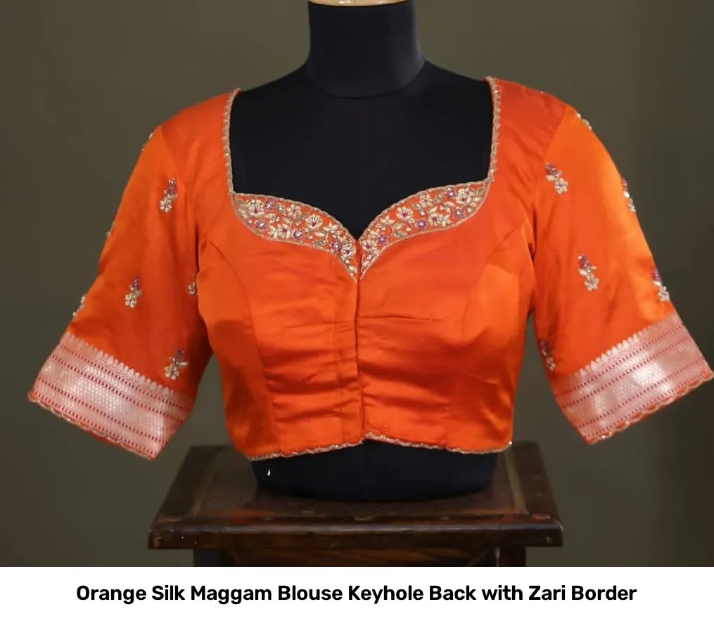 Orange Silk Maggam Blouse Keyhole Back with Zari Border 2