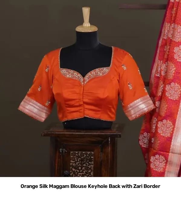 Orange Silk Maggam Blouse Keyhole Back with Zari Border 4