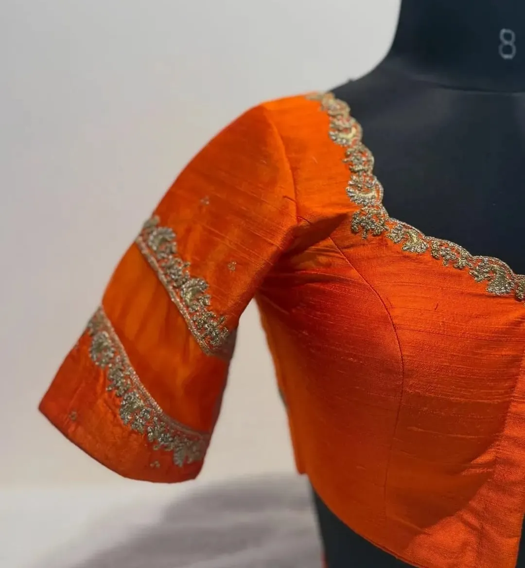 Orange Silk Maggam Blouse Scallop Cutout Tie-Up Back
