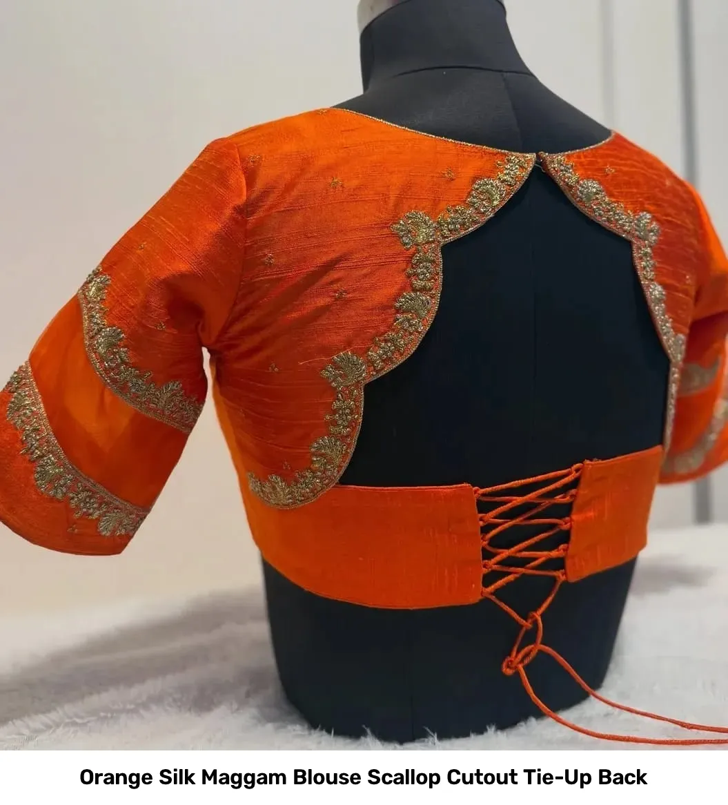 Orange Silk Maggam Blouse Scallop Cutout Tie-Up Back 2