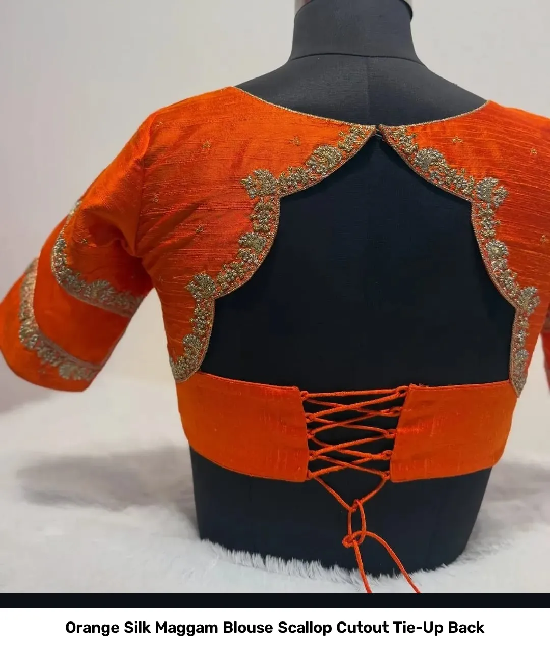 Orange Silk Maggam Blouse Scallop Cutout Tie-Up Back 3