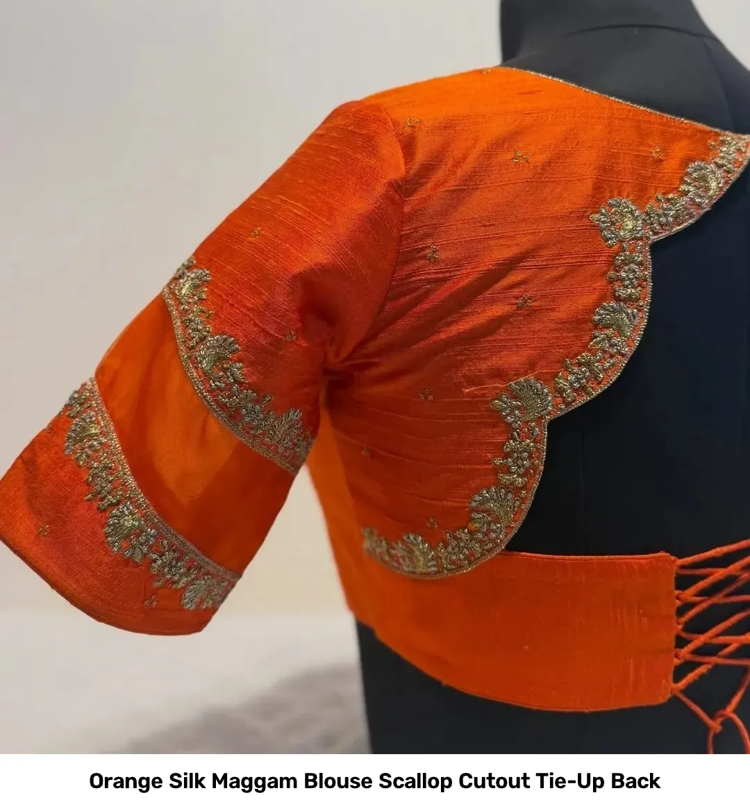Orange Silk Maggam Blouse Scallop Cutout Tie-Up Back 4