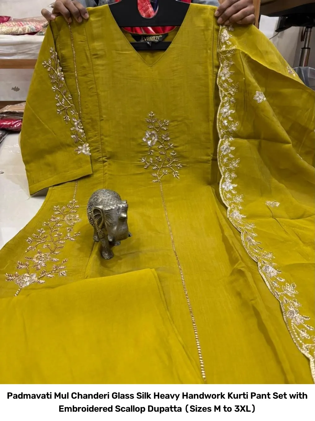 Padmavati Mul Chanderi Glass Silk Heavy Handwork Kurti Pant Set with Embroidered Scallop Dupatta (Sizes M to 3XL) 11