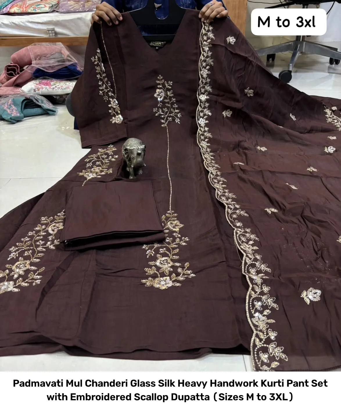 Padmavati Mul Chanderi Glass Silk Heavy Handwork Kurti Pant Set with Embroidered Scallop Dupatta (Sizes M to 3XL) 12