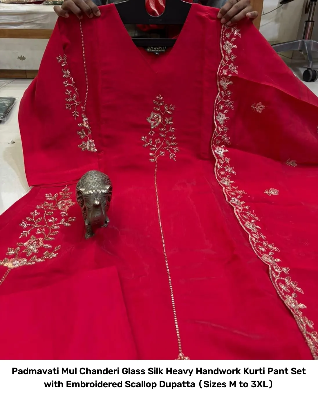 Padmavati Mul Chanderi Glass Silk Heavy Handwork Kurti Pant Set with Embroidered Scallop Dupatta (Sizes M to 3XL) 13
