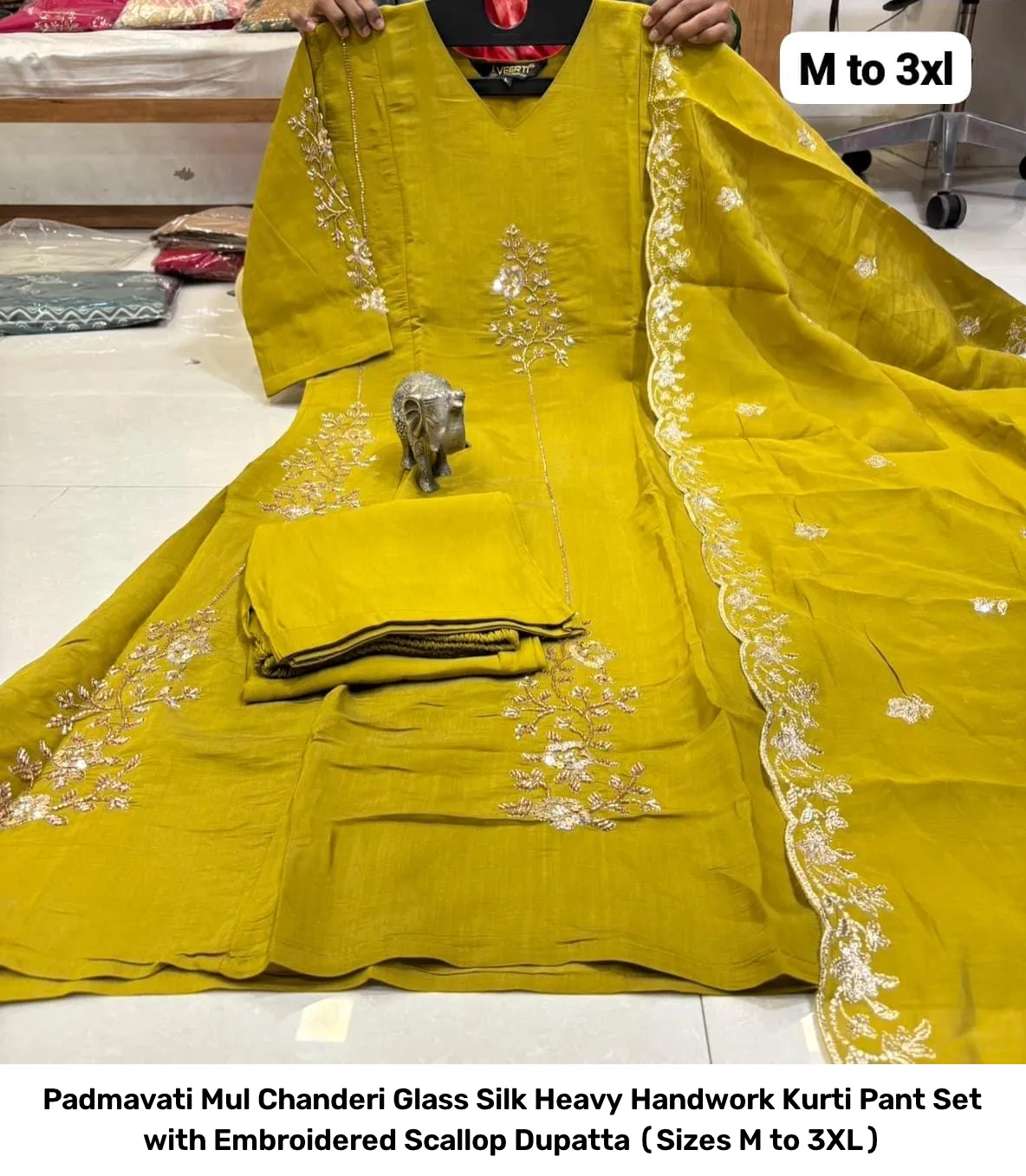 Padmavati Mul Chanderi Glass Silk Heavy Handwork Kurti Pant Set with Embroidered Scallop Dupatta (Sizes M to 3XL) 14