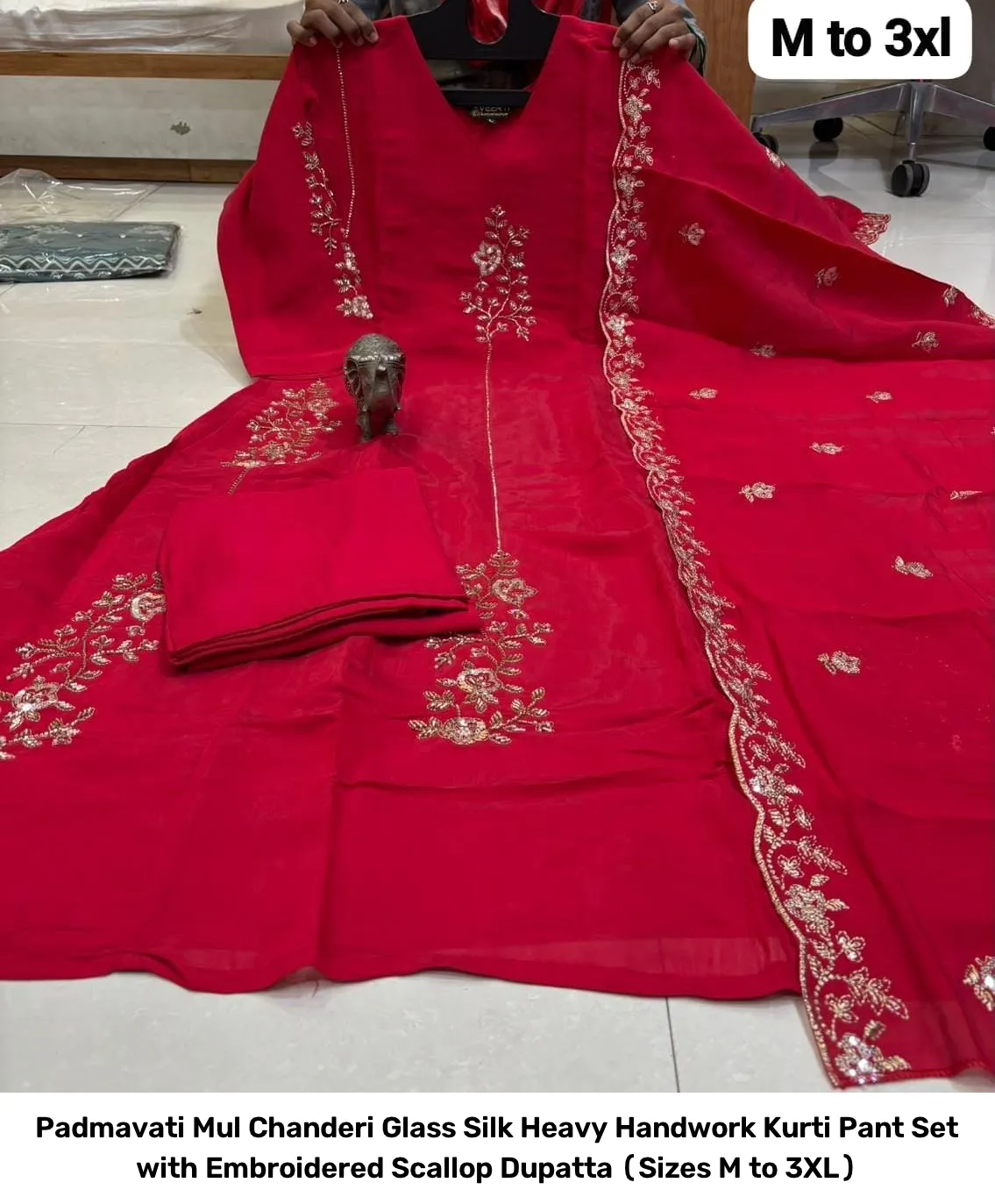 Padmavati Mul Chanderi Glass Silk Heavy Handwork Kurti Pant Set with Embroidered Scallop Dupatta (Sizes M to 3XL) 15