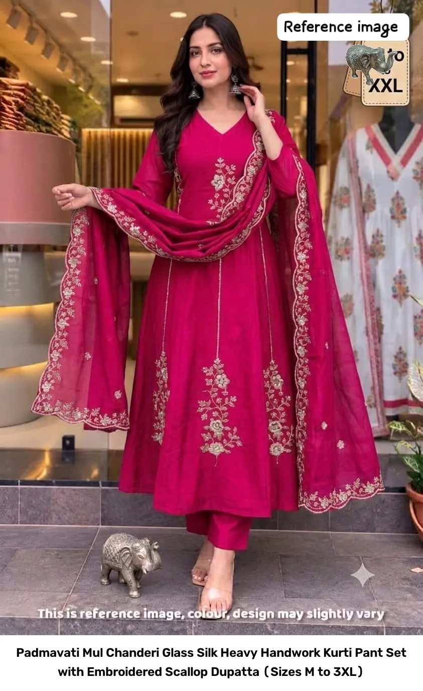 Padmavati Mul Chanderi Glass Silk Heavy Handwork Kurti Pant Set with Embroidered Scallop Dupatta (Sizes M to 3XL) 2