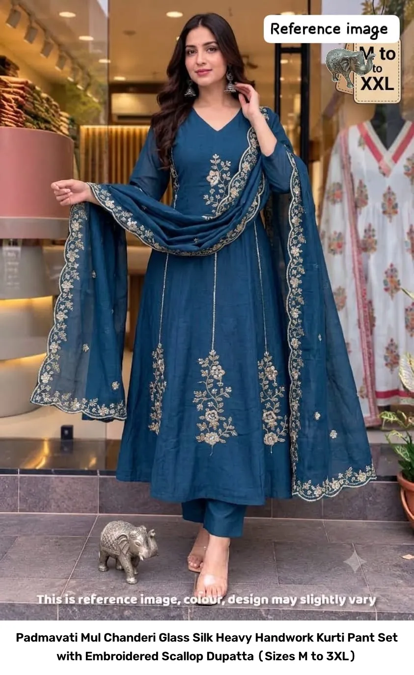 Padmavati Mul Chanderi Glass Silk Heavy Handwork Kurti Pant Set with Embroidered Scallop Dupatta (Sizes M to 3XL) 3