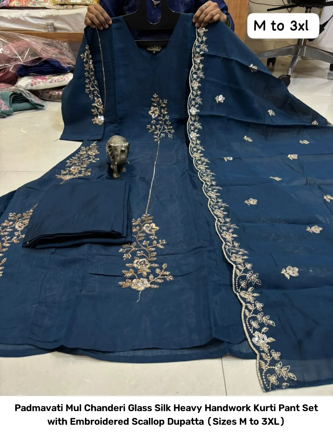 Padmavati Mul Chanderi Glass Silk Heavy Handwork Kurti Pant Set with Embroidered Scallop Dupatta (Sizes M to 3XL) 4