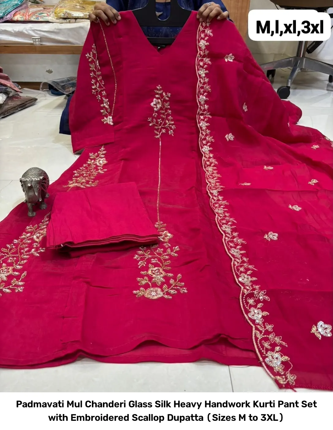 Padmavati Mul Chanderi Glass Silk Heavy Handwork Kurti Pant Set with Embroidered Scallop Dupatta (Sizes M to 3XL) 5