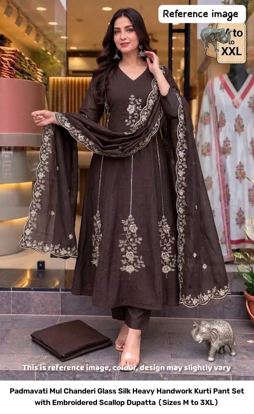 Padmavati Mul Chanderi Glass Silk Heavy Handwork Kurti Pant Set with Embroidered Scallop Dupatta (Sizes M to 3XL) 6