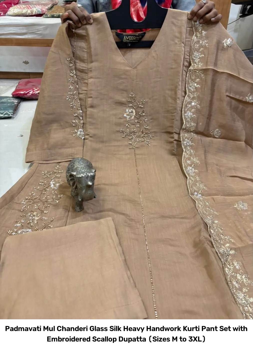 Padmavati Mul Chanderi Glass Silk Heavy Handwork Kurti Pant Set with Embroidered Scallop Dupatta (Sizes M to 3XL) 7