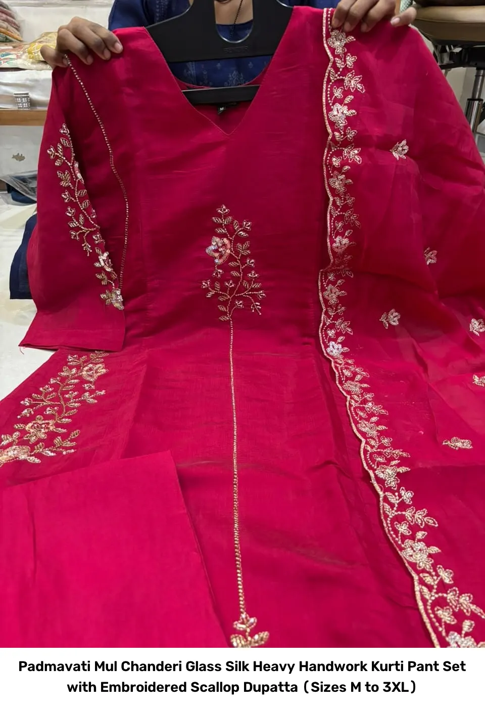Padmavati Mul Chanderi Glass Silk Heavy Handwork Kurti Pant Set with Embroidered Scallop Dupatta (Sizes M to 3XL) 8