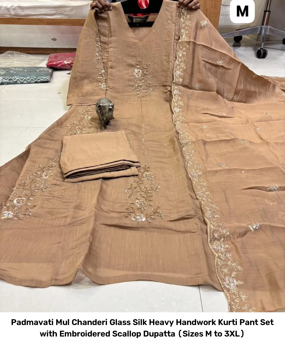 Padmavati Mul Chanderi Glass Silk Heavy Handwork Kurti Pant Set with Embroidered Scallop Dupatta (Sizes M to 3XL) 9
