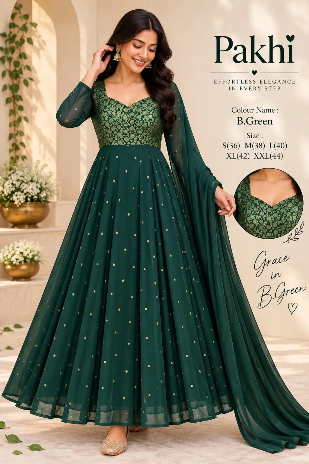 Pakhi Jacquard Georgette Anarkali Suit Set with Dupatta – 12 Kali Sweetheart Neck Festive Long Gown