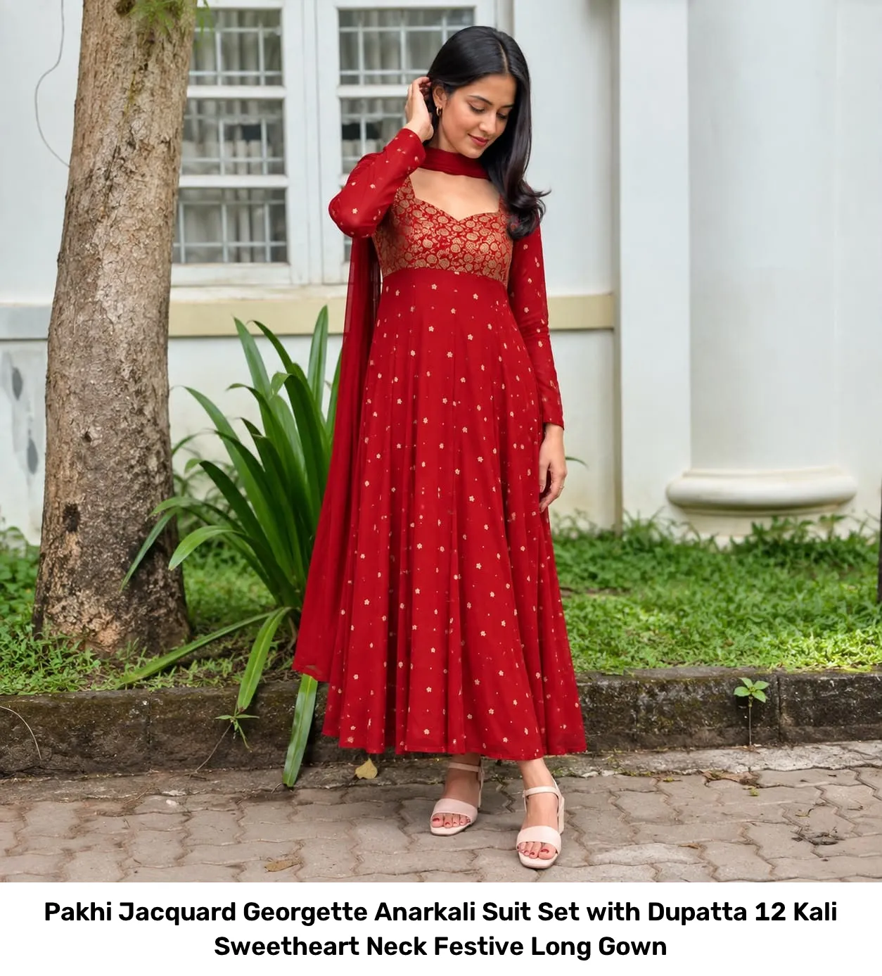 Pakhi Jacquard Georgette Anarkali Suit Set with Dupatta – 12 Kali Sweetheart Neck Festive Long Gown 10