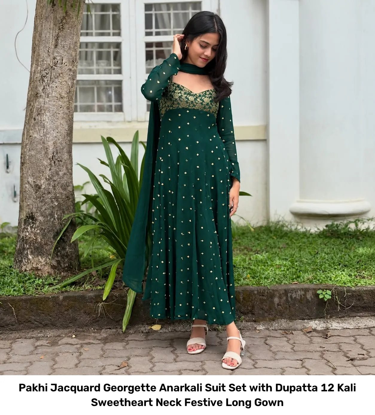 Pakhi Jacquard Georgette Anarkali Suit Set with Dupatta – 12 Kali Sweetheart Neck Festive Long Gown 11