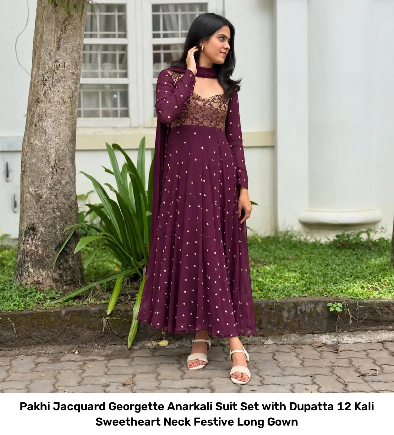 Pakhi Jacquard Georgette Anarkali Suit Set with Dupatta – 12 Kali Sweetheart Neck Festive Long Gown 12