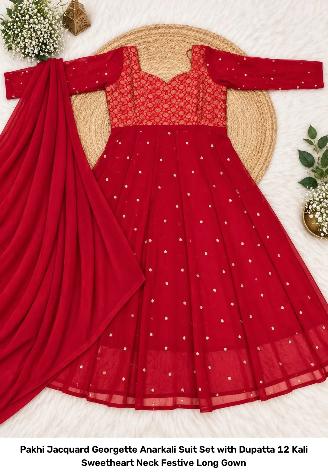 Pakhi Jacquard Georgette Anarkali Suit Set with Dupatta – 12 Kali Sweetheart Neck Festive Long Gown 2
