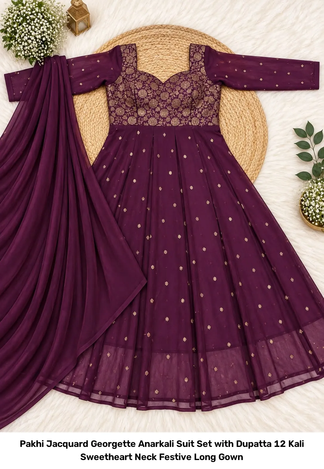Pakhi Jacquard Georgette Anarkali Suit Set with Dupatta – 12 Kali Sweetheart Neck Festive Long Gown 3