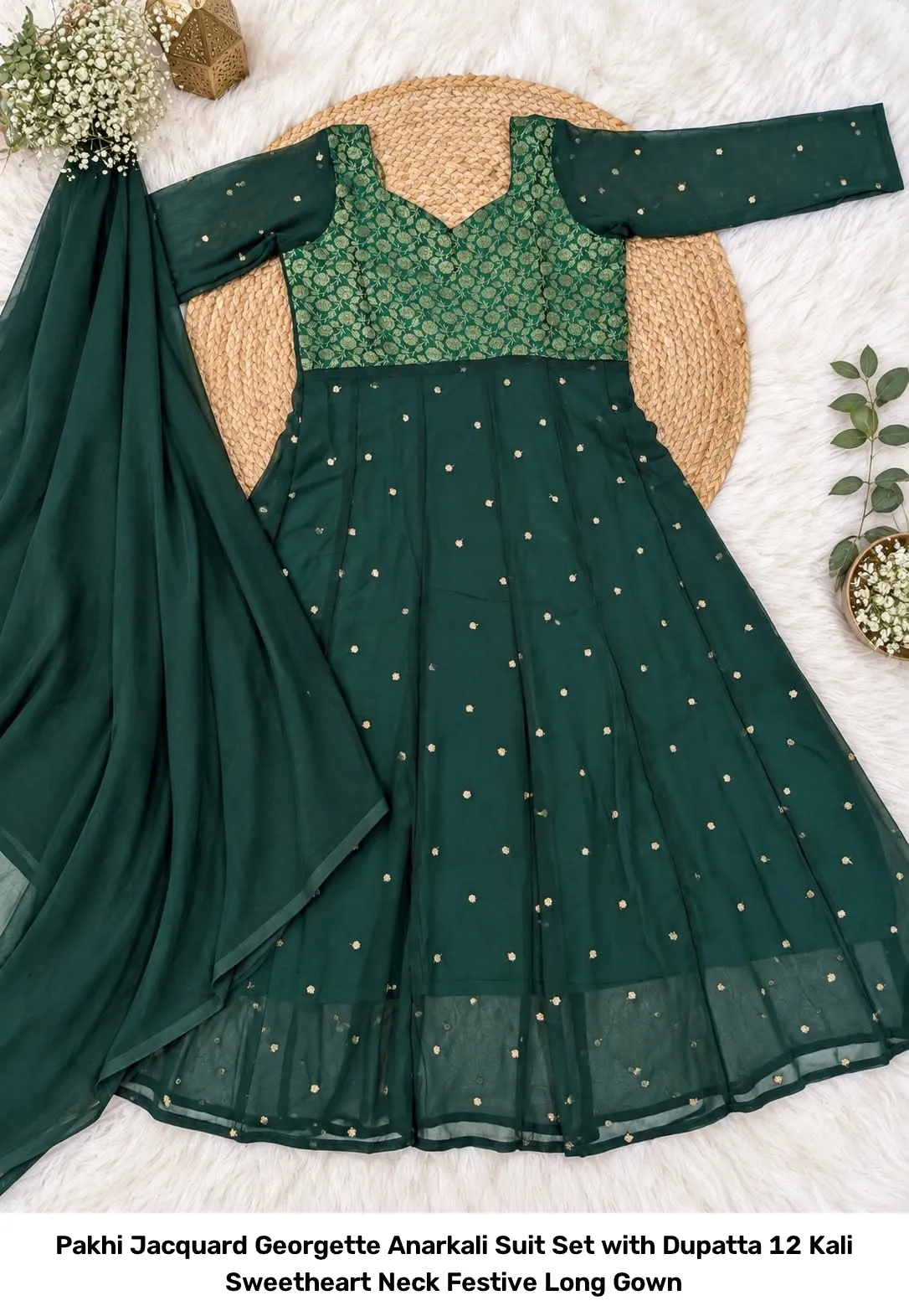 Pakhi Jacquard Georgette Anarkali Suit Set with Dupatta – 12 Kali Sweetheart Neck Festive Long Gown 4