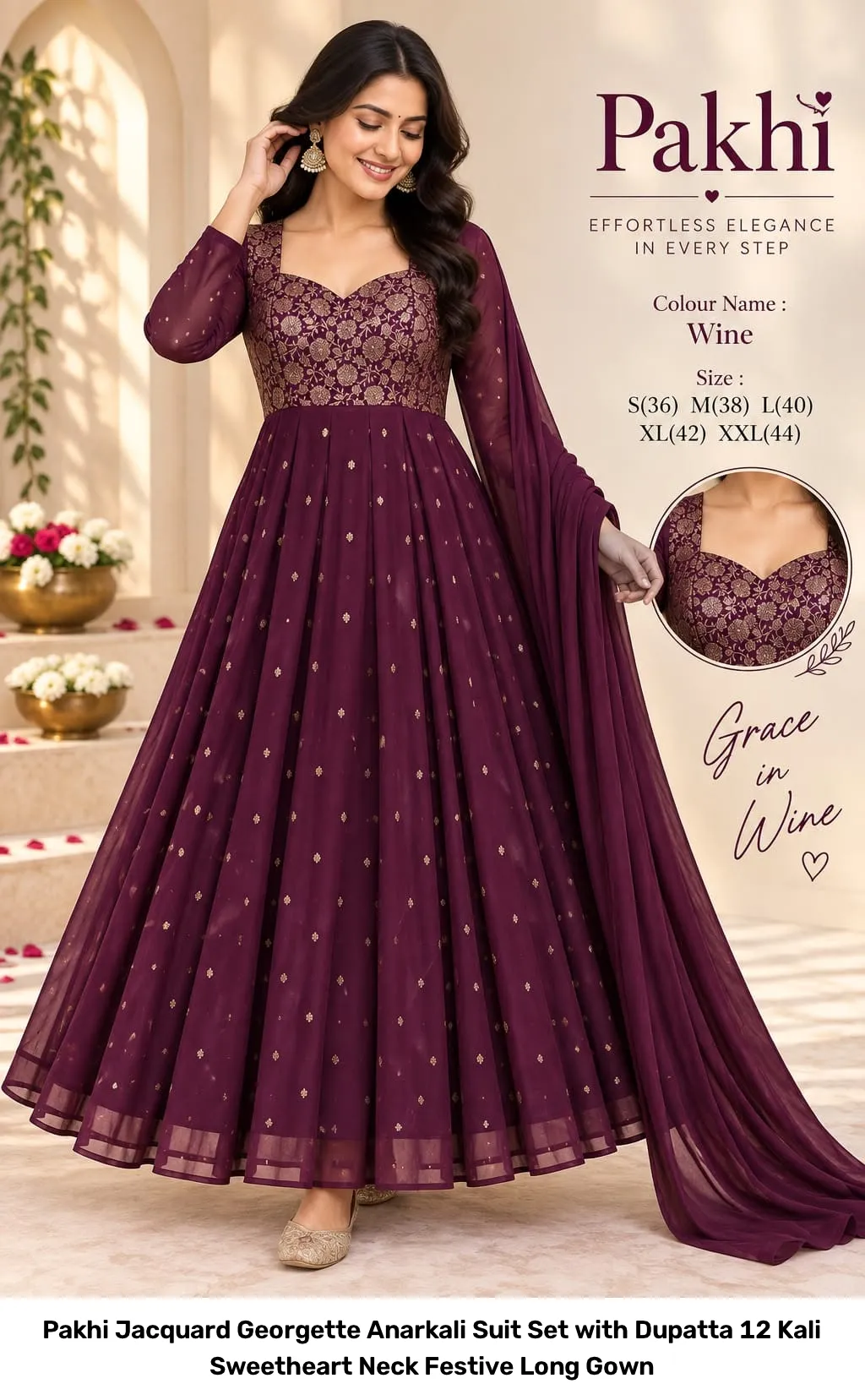 Pakhi Jacquard Georgette Anarkali Suit Set with Dupatta – 12 Kali Sweetheart Neck Festive Long Gown 5
