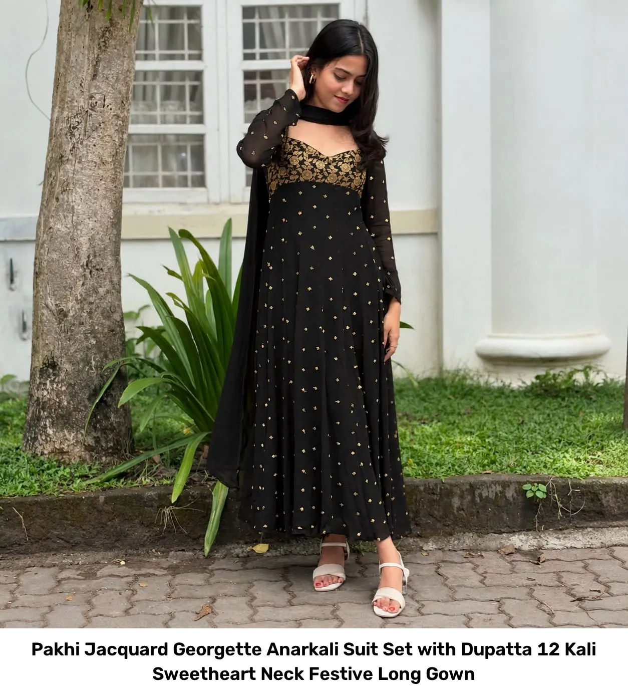 Pakhi Jacquard Georgette Anarkali Suit Set with Dupatta – 12 Kali Sweetheart Neck Festive Long Gown 8