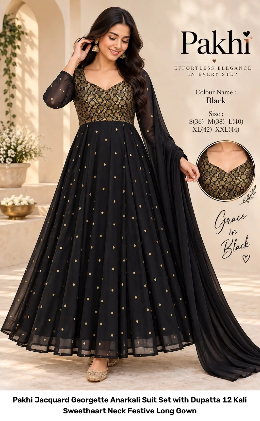 Pakhi Jacquard Georgette Anarkali Suit Set with Dupatta – 12 Kali Sweetheart Neck Festive Long Gown 9
