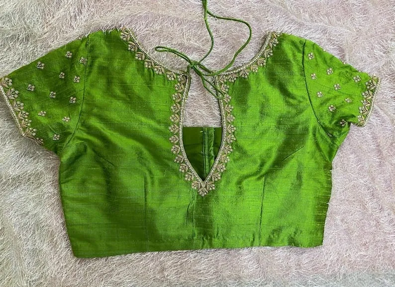 Parrot Green Raw Silk Maggam Work Blouse | Handcrafted Zardosi & Pearl Border Back Cutout Saree Blouse
