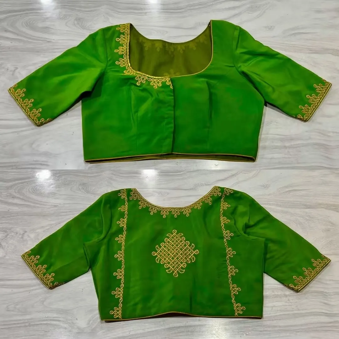 Parrot Green Raw Silk Saree Blouse with Gold Jari Motifs | Designer Boat Neck Ethnic Blouse
