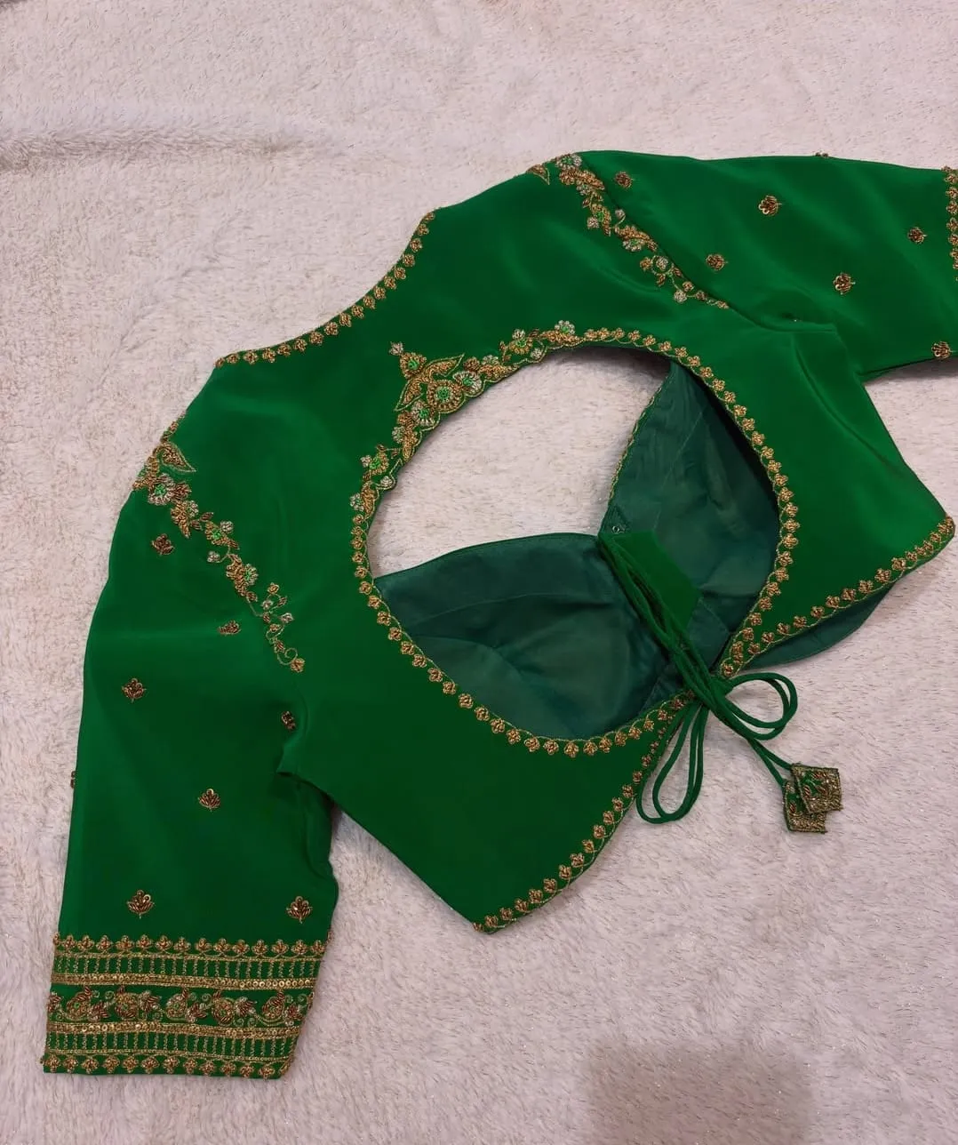 Parrot Green silk Blouse | Gold Zardozi Aari Hand Embroidery | Round Cut Out Back with Tie Latkans | V Neck Sleeves | Custom Stitched